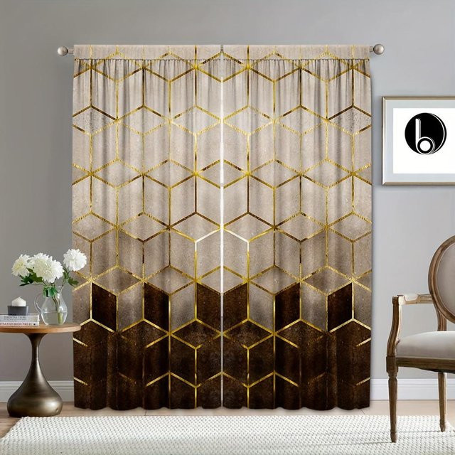 Yiran Furniture Vorhang Set mit Marmor-Print in Schwarz und Gold, 2 Stück aus Polyester, semi-transparent, B: 50 cm, H: 100 cm - Bild 1