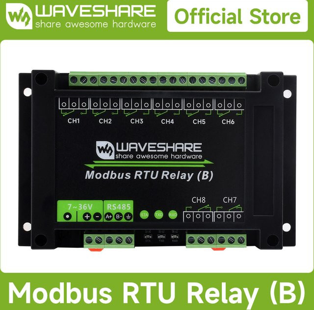 Waveshare Industrial Modbus RTU 8-Kanal-Relaismodul (B) mit RS485-Schnittstelle und Multi-Isolationsschutz in Schwarz, 7–36 V - Bild 1