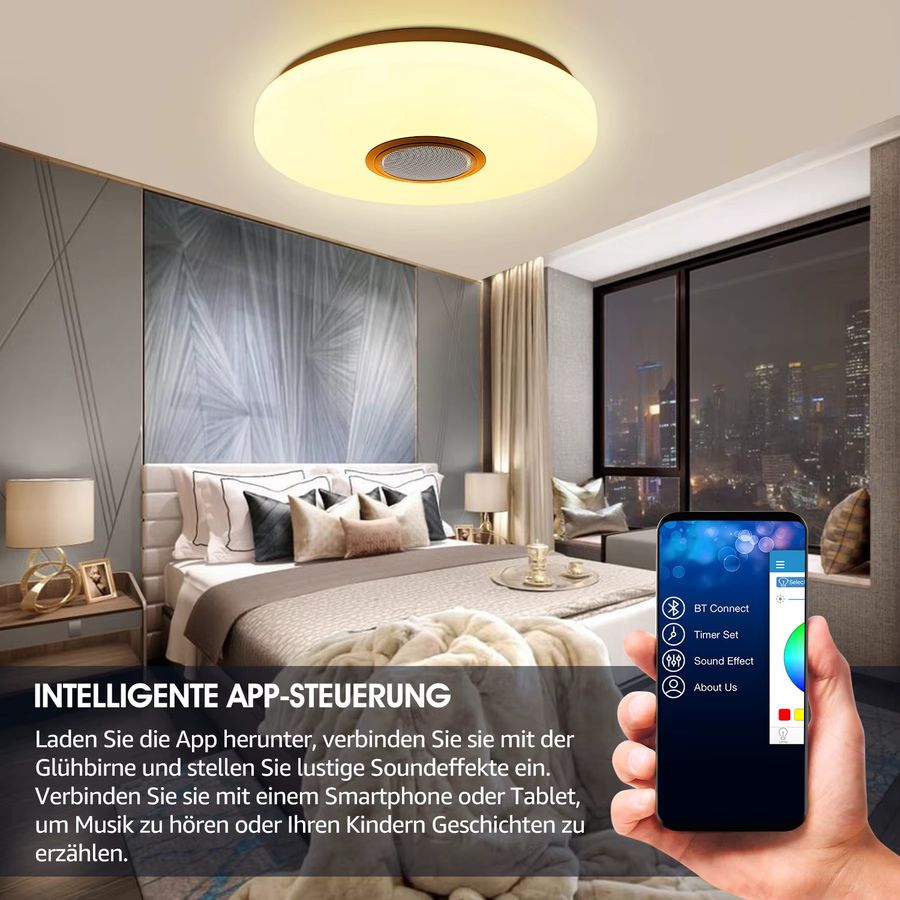 Oyajia LED-Deckenleuchte mit Bluetooth-Lautsprecher, 60W RGB-Farbwechsellampe, dimmbar mit App-Steuerung, Durchmesser: 50 cm - Bild 5