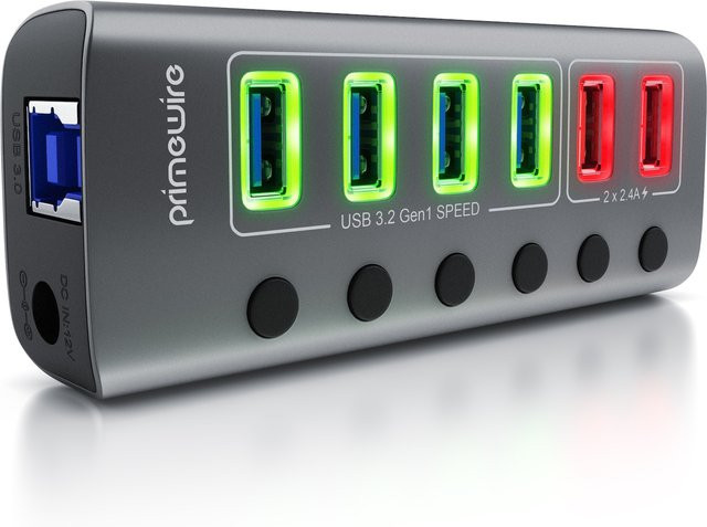 Primewire USB 3.2 Gen.1 6 Port Hub aktiv schaltbar mit Netzteil, 4 x USB 3.2 Gen1 und 2 x USB 3.0 mit Smart Charge, Alugehäuse grau - Bild 1