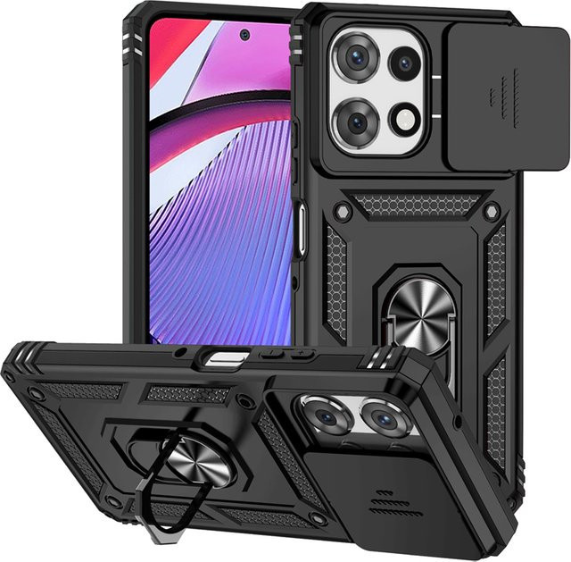 Robuste Schutzhülle mit Rüstungsring und Schiebeobjektiv-Schutz für Motorola G Power, G Play, Edge G 5G und Stylus 5G in Schwarz und Silber - Bild 1