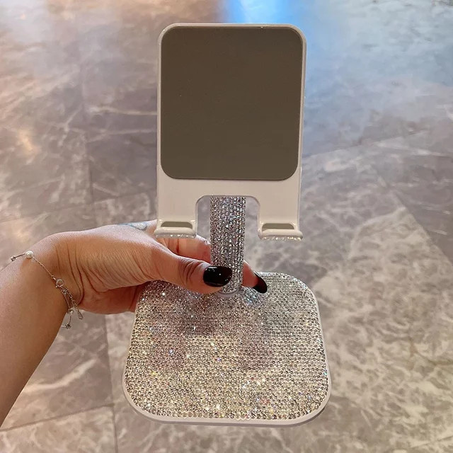 Bling Diamond Desktop-Telefonhalter und verstellbarer Tablet-Computerhalter für iPad und Live-Streaming in Weiß und Silber - Bild 1