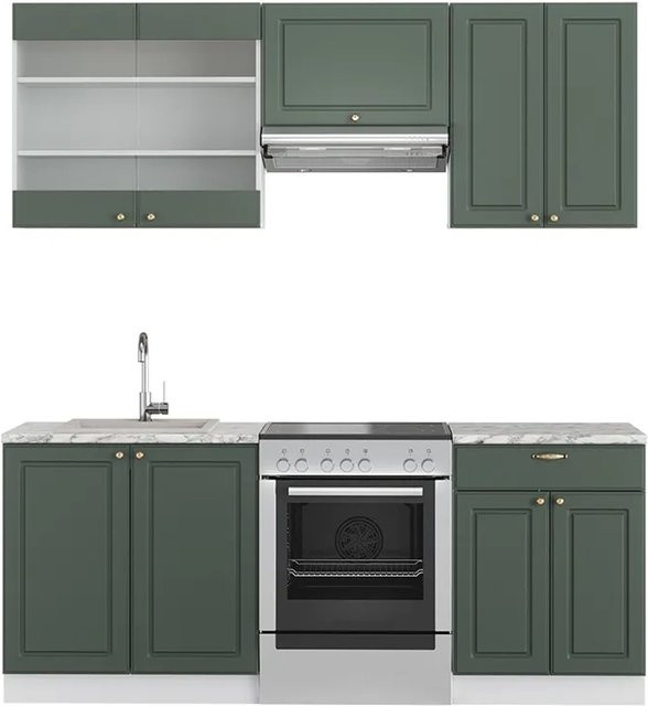 Vicco Fame-Line Küchenzeile im Landhausstil in Grün-Gold und Weiß mit Marmor-Optik, B/T/H: 200 x 60 x 82 cm - Bild 1