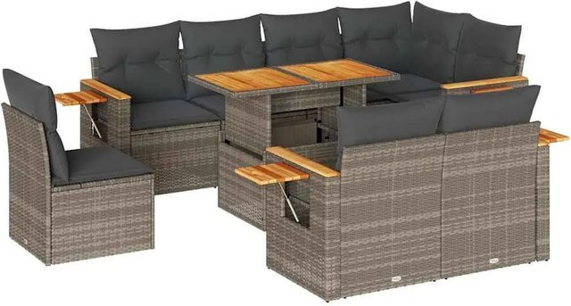 vidaXL 9-tlg. Garten-Sofagarnitur in L-Form aus Poly-Rattan und Akazienholz mit Kissen in Grau - Bild 1