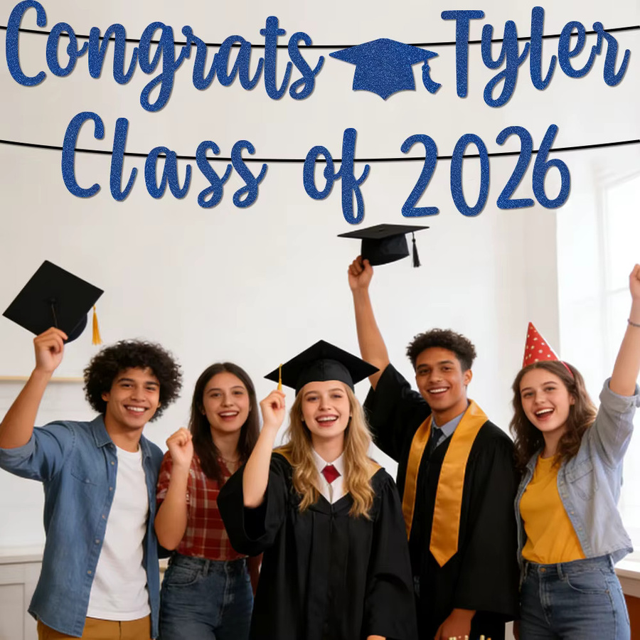 Personalisiertes Glitzer-Abschlussbanner 2026 von Cyuan mit Namen und Glückwunsch-Wimpelkette für deine Schulparty - Bild 4