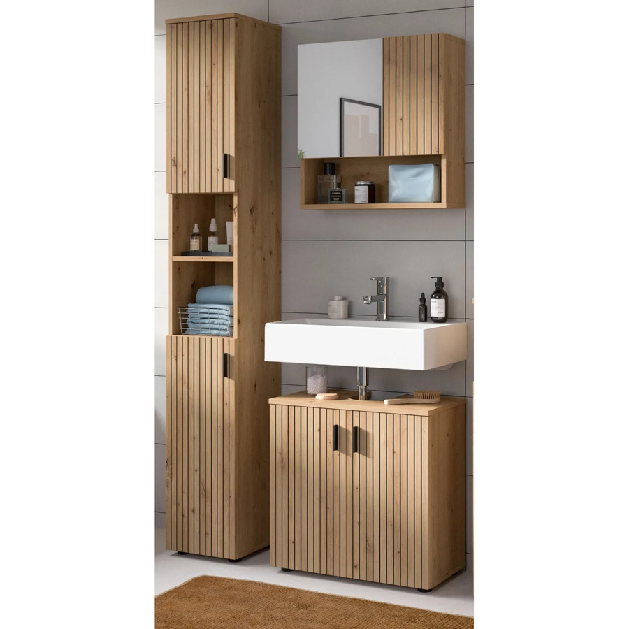 Inn.Furn Badmöbel-Set Livia 3-teilig in Eiche, bestehend aus Hochschrank, Spiegelschrank und Waschbeckenunterschrank, modern mit Leistenoptik, Breite: 105 cm, Höhe: 192 cm, Tiefe: 30 cm - Bild 2