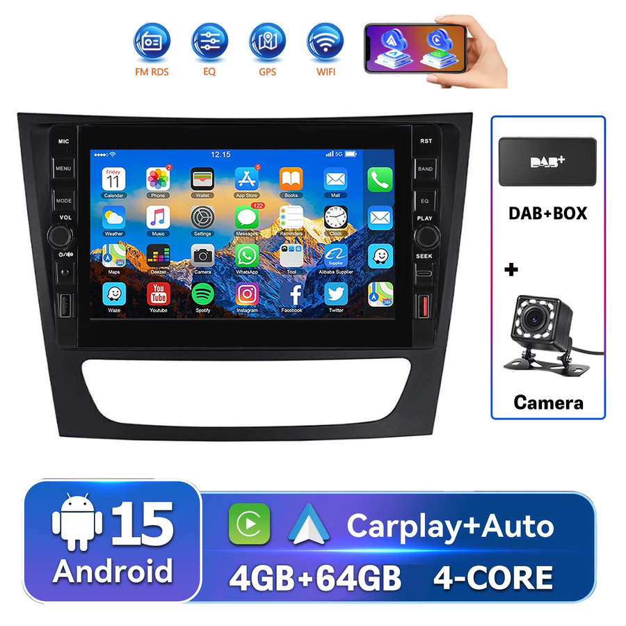 ESSGOO Android 15 Autoradio mit 8 Zoll Display, 4+64 GB Speicher, GPS, CarPlay, DAB+ und Kamera für Mercedes-Benz CLS/E-Klasse W211 W219, Schwarz - Bild 5