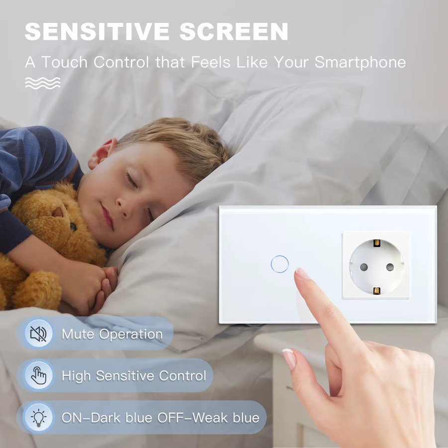 BSEED Touch-Lichtschalter und Wandsteckdose mit USB Typ-C und Kristallglasscheibe in Weiß - Bild 2