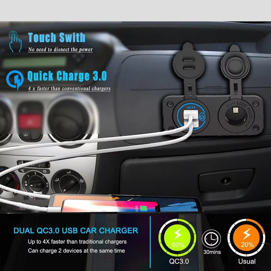 12V USB-Panel mit Quick Charge 3.0 und 20W Dual PD USB-C Steckdose in Schwarz für Auto, Boot, RV und Motorrad - Bild 3