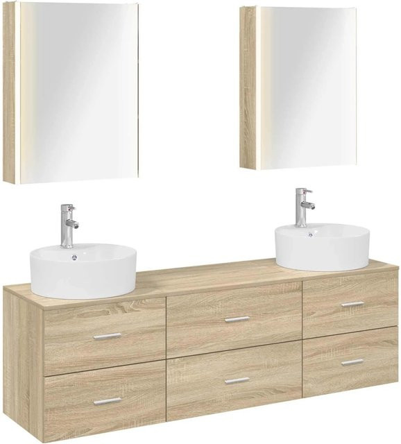 vidaXL Badezimmermöbel-Set 5-teilig in Sonoma-Eiche mit Glasfronten und LED-Beleuchtung, Braun - Bild 1