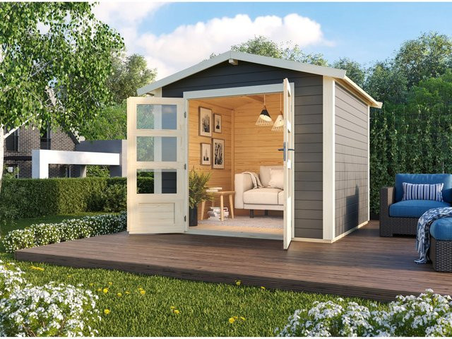 KARIBU Carlos Satteldach Gartenhaus mit Boden in Terragrau, B: 244 cm, H: 230 cm, T: 244 cm - Bild 1