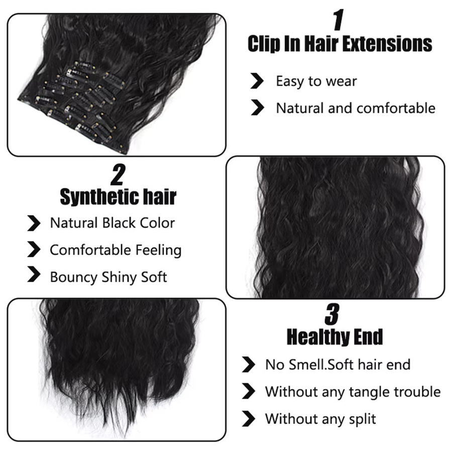 allaosify Clip-in-Haarverlängerungen, synthetisch, gewellt, 6 Stück/Set, Damen - Bild 3