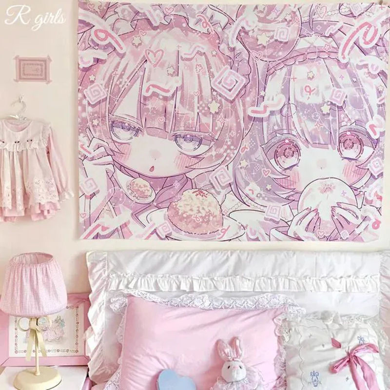 VIKAMA Wandteppich mit Anime-Mädchen-Motiv in Rosa und Lila, rechteckiger Textil-Wandbehang zur Raumdekoration, B/H: 60 x 40 cm - Bild 1