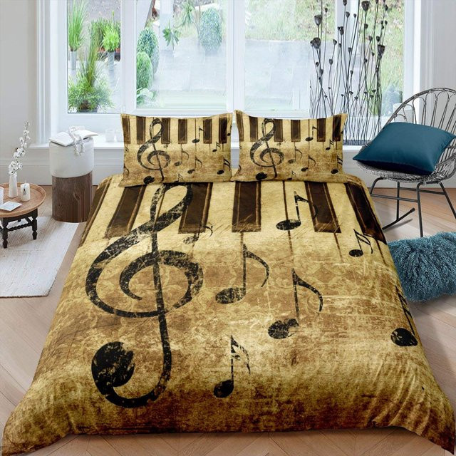 3-teiliges Bettwäsche-Set mit Klavier-Musik-Motiv und geometrischen Streifen in Braun, King-Size Bettbezug aus weicher Mikrofaser, B/H: 180 x 210 cm - Bild 1