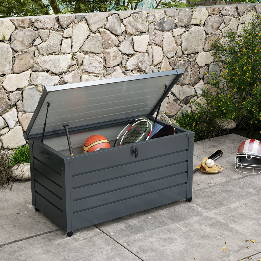 Outsunny Gartenbox aus Metall Dunkelgrau, 311 Liter wetterfeste Auflagenbox mit Rollen und Schloss, B/T: 120 x 62 cm - Bild 2
