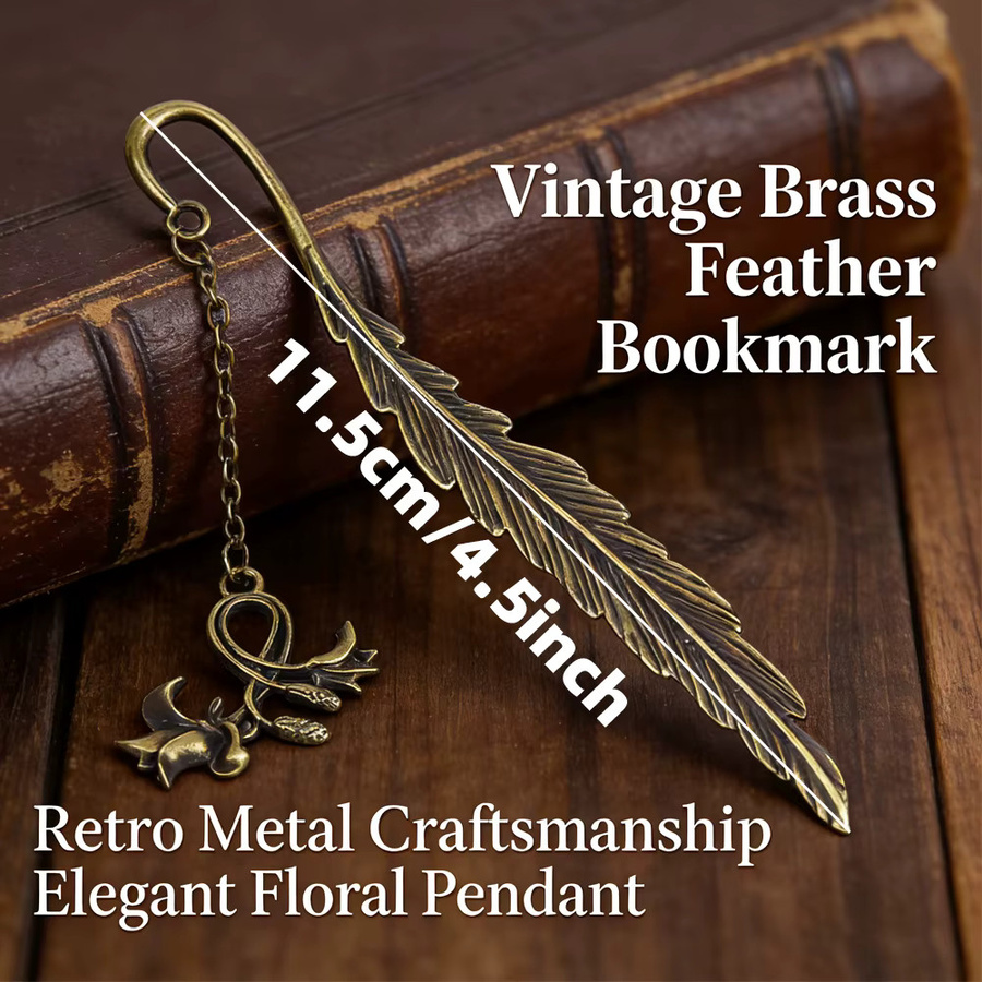 Vintage Metall-Lesezeichen in Bronze mit Feder und Blumenanhänger für Bücher und Tagebücher - Bild 5