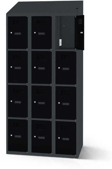 rotstahl Fächerschrank mit Ladefunktion und 12 Fächern, anthrazitgrauer Korpus und schwarze Türen, B: 90 cm, H: 200 cm - Bild 1