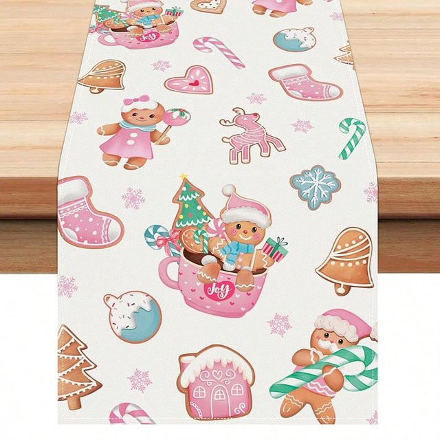 JIT Weihnachts-Tischläufer mit Lebkuchen, Zuckerstangen und Schneeflocken-Aufdruck, Weiß, B/T: 30 x 30 cm - Bild 1