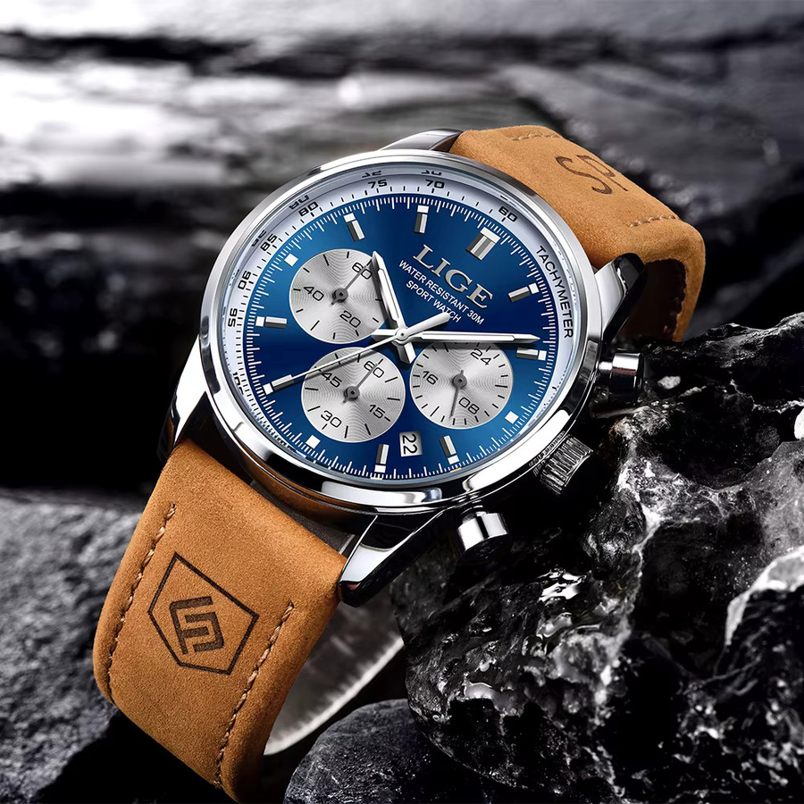 LIGE Armbanduhr Chronograph, Quarz, Leder, Schwarz, Herren - Bild 2