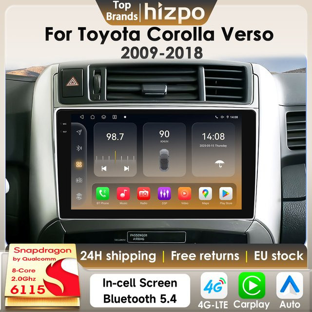 Hizpo Android 14 Autoradio für Toyota Corolla Verso 2009-2018 mit Qualcomm Snapdragon 6115 8-Core, 2Din Multimedia System mit GPS und 4G, Schwarz - Bild 1