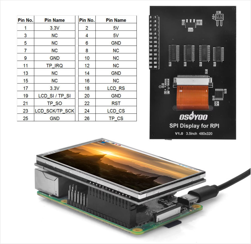 OSOYOO 3,5-Zoll TFT-LCD-Touchscreen-Monitor für Raspberry Pi 5/4B/3B+/3B/2B/Zero/Zero W, 480 x 320 Pixel, SPI-Schnittstelle, Schwarz - Bild 2