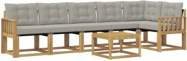 vidaXL Outdoor-Sofagarnitur 7-teilig aus Akazienholz mit Textilene und Kissen in Weiß-Hellgrau - Bild 1