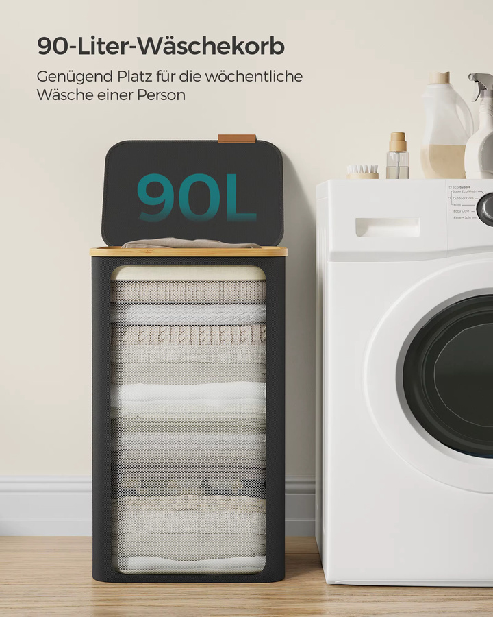 Songmics Wäschekorb mit Deckel und herausnehmbarem Wäschesack, 90 l, Grau, Oxford-Gewebe mit Bambus-Griffen - Bild 5