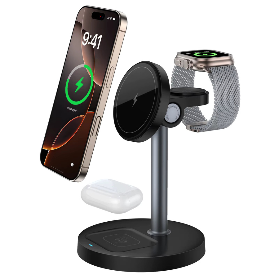 VEERNOO 3-in-1 Magnetisches Kabelloses Ladegerät mit 15W Schnellladefunktion für iPhone 12–16-Serie, iWatch und AirPods in Schwarz mit einstellbarem Winkel - Bild 6