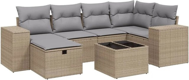 vidaXL 7-tlg. Garten-Lounge-Set in L-Form mit Polstern und Kissen, Beige, Poly-Rattan und Metallrahmen - Bild 1