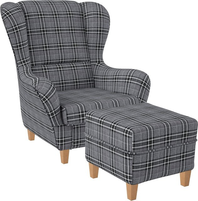 Supellex Sofia Ohrensessel mit Hocker im Landhausstil mit Karomuster in Grau - Bild 1