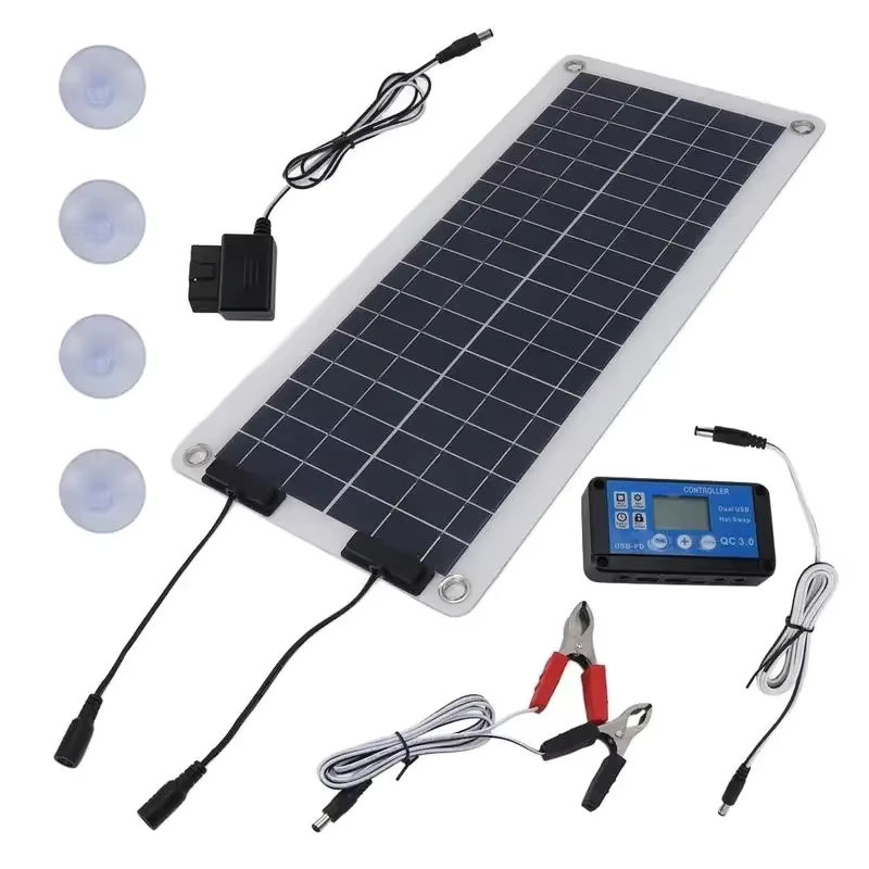 Polykristallines 100 W Solarpanel mit intelligentem Controller und zwei USB-C Ausgängen, wasserdicht, 12 V - 24 V, Farbe: Blau, ideal für Auto, Wohnmobil und Boot - Bild 2