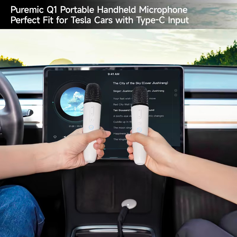 PUREMIC Auto-Karaoke-Mikrofon für Tesla Model Y, 3, X und Cybertruck in Weiß mit USB-A und USB-C Empfänger, wiederaufladbar - Bild 3