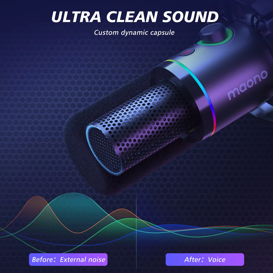Maono PD200XS Dynamisches USB/XLR Mikrofon mit RGB-Beleuchtung und Stoßdämpfer-Gelenkarmständer in Schwarz/Multicolor - Bild 3