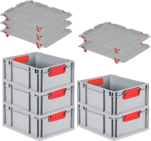 PROREGAL Spar Set 5x Eurobox Nextgen Color mit Auflagedeckel und Schiebeschnappverschlüssen, Farbe Rot, H x B x T: 17 x 30 x 40 cm - Bild 1