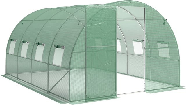 Outsunny Gewächshaus Grün, UV-beständiges Foliengewächshaus mit abschließbarer Anschlag-Tür und 8 Rollbar Netzfenstern, B/T/H: 400 x 300 x 200 cm - Bild 1