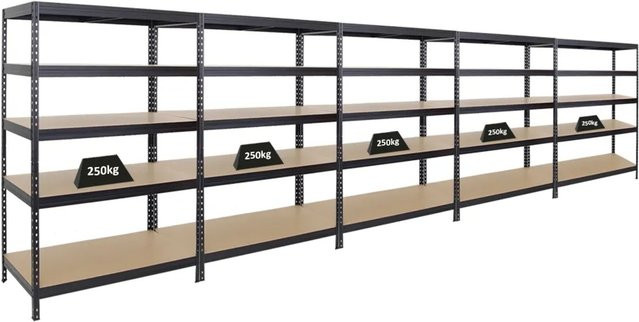 5er Set PROREGAL Schwerlastregal Rivet aus Stahl und MDF-Holzplatten, Schwarz, H x B x T: 180 x 120 x 60 cm - Bild 1