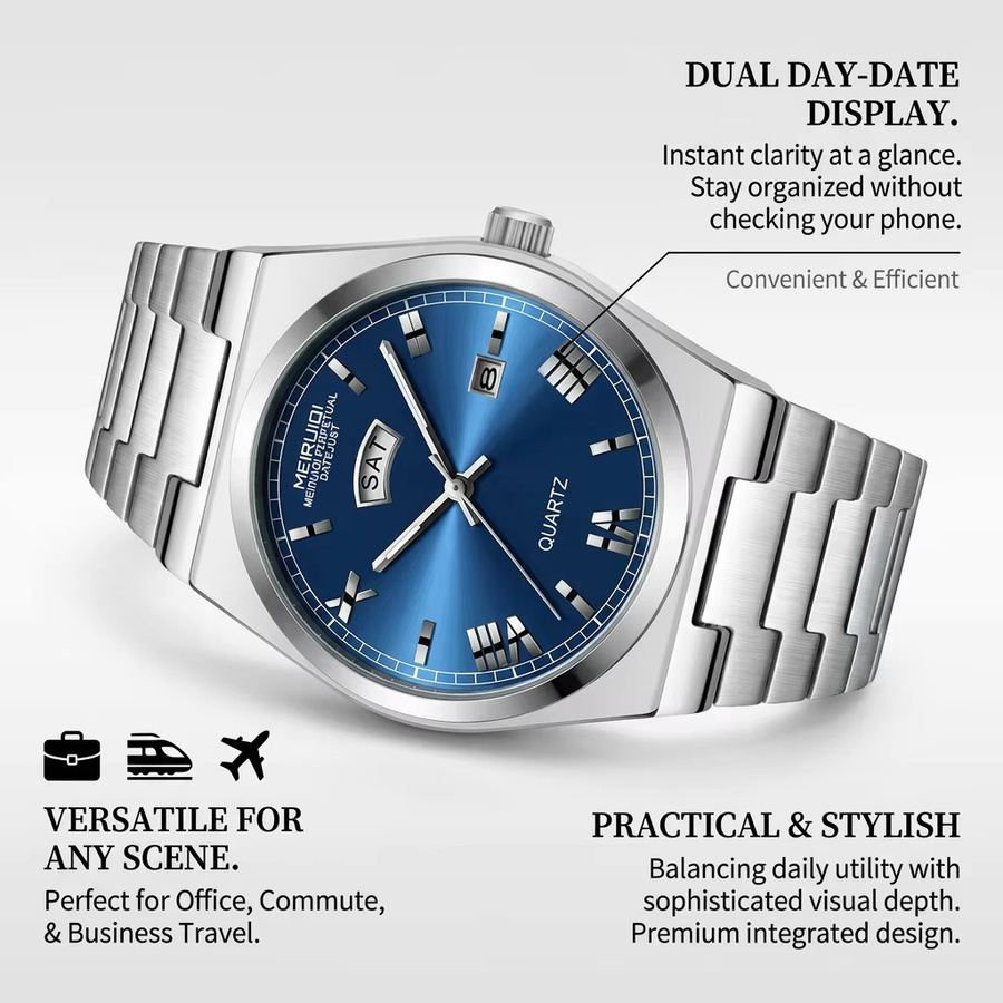 MEIRUIQI Armbanduhr, Quarz, blaues Zifferblatt, Edelstahl, Herren - Bild 2