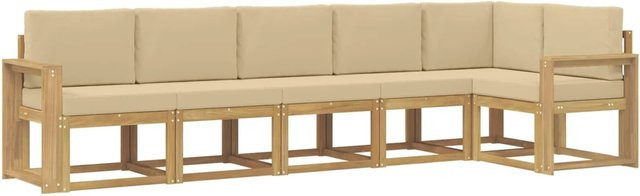 vidaXL Outdoor-Sofagarnitur 6-teilig in L-Form aus Akazienholz mit Kissen in Weiß und Beige - Bild 1