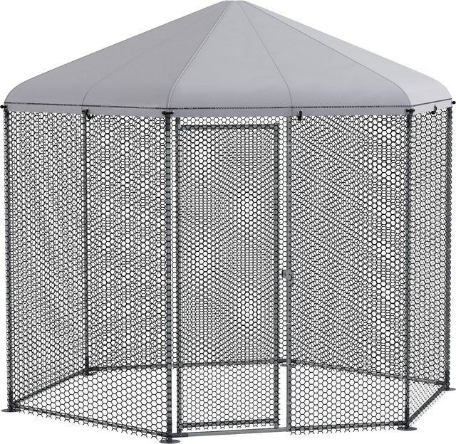 PawHut Hühnergehege Hexagon Hühnervoliere für den Außenbereich mit überdachtem Bereich aus verzinktem Stahl, Farbe: Silber/Grau, B/T/H: 2,45 x 2,8 x 2,46 m, Aosom - Bild 1
