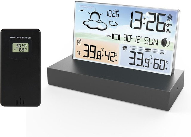 Tooarts Digitaler Wecker mit Temperaturanzeige, Luftfeuchtigkeit und Wettervorhersage, Tischuhr in Schwarz - Bild 1