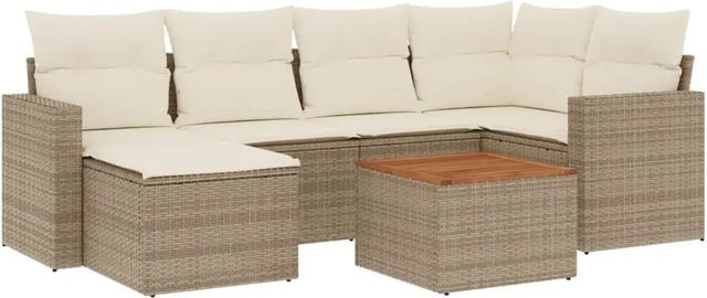 vidaXL 7-teilige Garten-Sofagarnitur in L-Form aus Poly-Rattan und Akazienholz mit Kissen in Beige und Cremeweiß - Bild 1