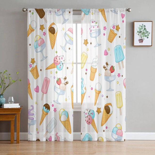 A Family Of Home Textiles Chiffon-Vorhang mit Eiscreme-Cartoon-Motiv, Transparent, Mehrfarbig, B: 135 cm, H: 137 cm - Bild 1