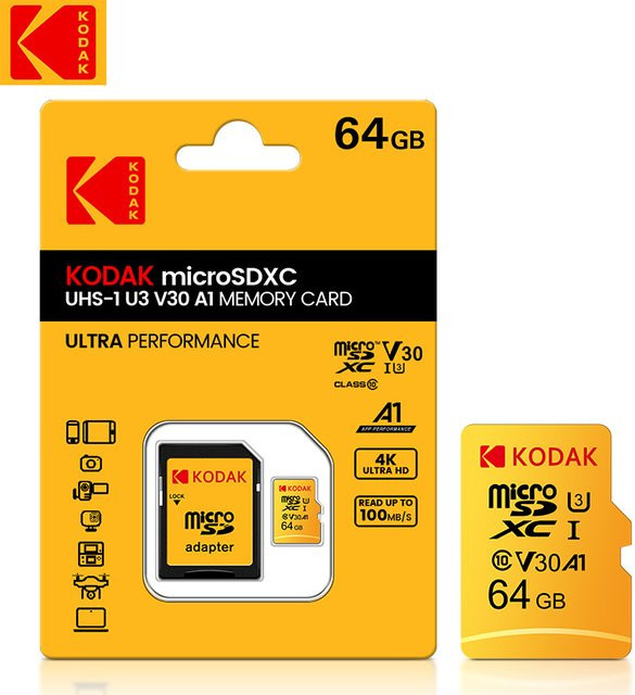 Kodak Micro SD-Karte 64GB Klasse 10 U3 Hochgeschwindigkeits-Speicherkarte in Gelb - Bild 1