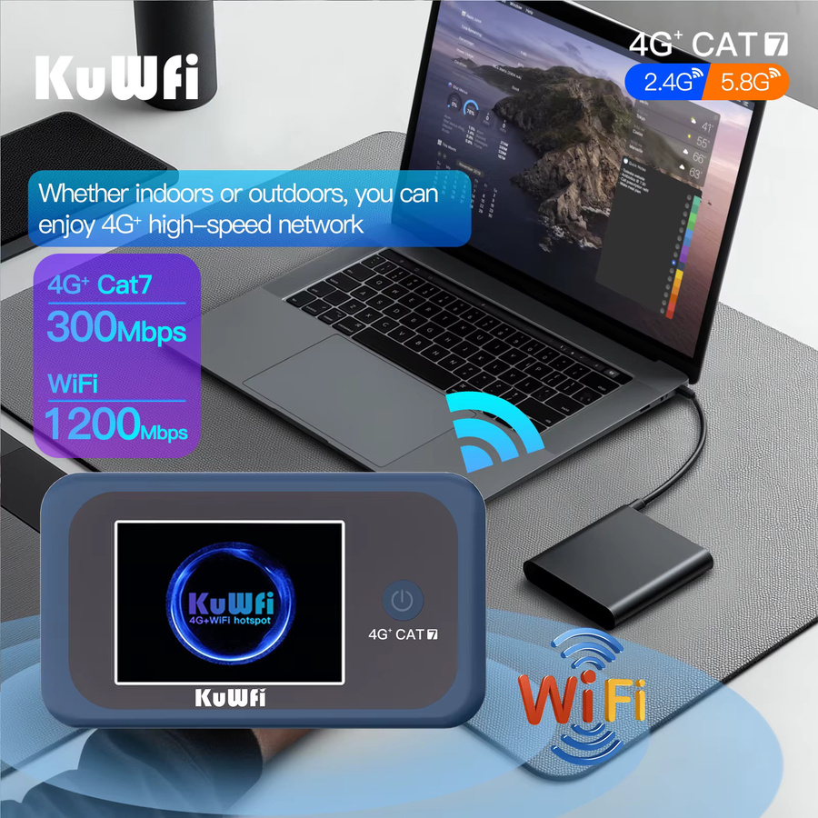 KuWFi CAT7 4G LTE Router mit 1200 Mbit/s, tragbares Reise-Mobilmodem mit 3000 mAh Akku und USIM-Steckplatz für bis zu 10 Benutzer - Bild 2