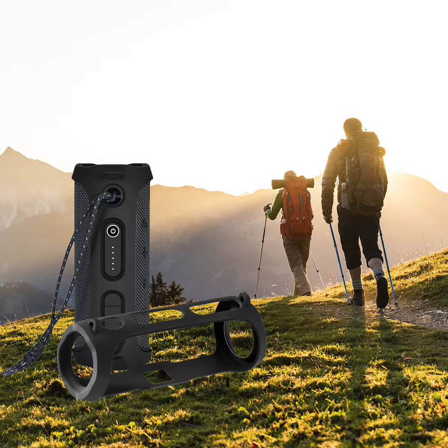 Tragbare Silikon-Schutzhülle für JBL FLIP ESSENTIAL 2 mit Schultergurt und Karabiner, Schwarz - Bild 1