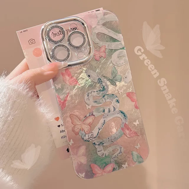 MUQGEW Handyhülle Pink Snake Butterfly Camlet für iPhone mit Glitzer-Linsenfolie und stoßfester Abdeckung - Bild 1