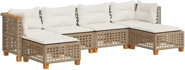 vidaXL 6-teilige Garten-Sofagarnitur in L-Form aus Poly-Rattan und Akazienholz mit Kissen in Beige und Cremeweiß - Bild 1