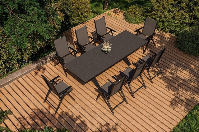 Kettler BasicPlus Pro Garten-Essgruppe in Anthrazit mit ausziehbarem Tisch und 8 Klappstühlen aus Aluminium, Textilene und Spraystone - Bild 1