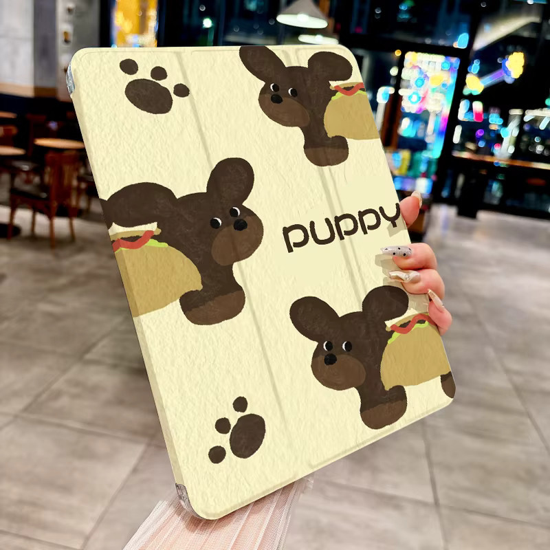 Apple iPad Pro und iPad Air Schutzhülle mit Dackel Wurst-Welpen Design in Braun, Weiß und Multicolour - Bild 5