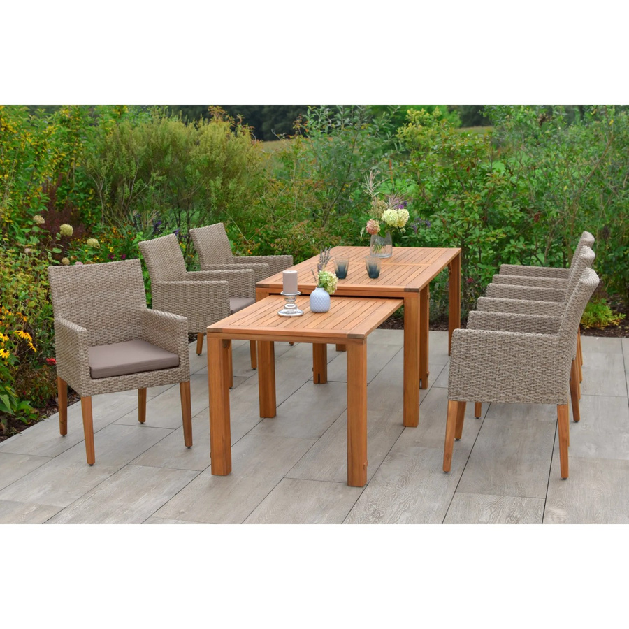 Merxx Gartenmöbelset Ranzano 7-teilig mit ausziehbarem Tisch und 6 Sesseln aus Akazienholz und Kunststoffgeflecht in Grau und Braun - Bild 2